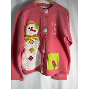 VTG‎ Tracey Designs Christmas Cardigan Let it Snow Snowman Applique Women's M